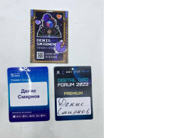 Set of 3 displays three event badges for Denis Smirnov, identifying him as a speaker and tokenomics expert at two different events. 