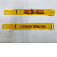 Set of 2 A yellow headband with the words "Beach Babe" in black, the text "SEABA GIRL" and "I FORGOT MY ROUTE", and the logos "Meteor" and "Seaba". Set of 2 A yellow headband with the words "Beach Babe" in black, the text "SEABA GIRL" and "I FORGOT MY ROUTE", and the logos "Meteor" and "Seaba".