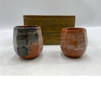 Set of 2 A Japanese glass teacup (yunomi) or Raku or Shino teacup, in a wooden box. 