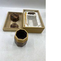 Japanese tea box made from cherry wood, featuring a Kabasai matcha pattern inside a wooden box.