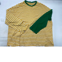 Green long-sleeved crew neck shirt with brown stripes