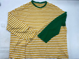 Green long-sleeved crew neck shirt with brown stripes