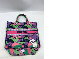 Sanrio Kuromi canvas tote bag with a colorful tropical and geometric pattern. 