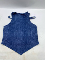 denim vest with a high neck and snap button closures on the shoulders. denim vest with a high neck and snap button closures on the shoulders.