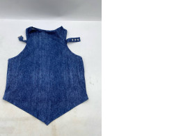 denim vest with a high neck and snap button closures on the shoulders.
