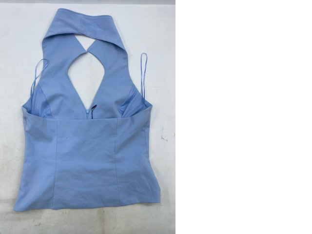 light blue halter neck top with a V-neckline and open back details. light blue halter neck top with a V-neckline and open back details.