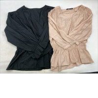 Set of 2 Women's long-sleeved shirt in black and beige, featuring a gathered waist and V-neck design. Set of 2 Women's long-sleeved shirt in black and beige, featuring a gathered waist and V-neck design.