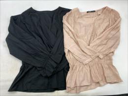 Set of 2 Women's long-sleeved shirt in black and beige, featuring a gathered waist and V-neck design. Set of 2 Women's long-sleeved shirt in black and beige, featuring a gathered waist and V-neck design.