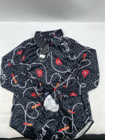  black long-sleeved button-down shirt with a red lipstick and white pearl pattern.