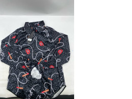 black long-sleeved button-down shirt with a red lipstick and white pearl pattern. black long-sleeved button-down shirt with a red lipstick and white pearl pattern.