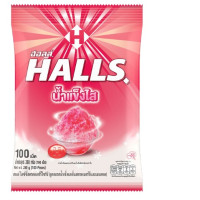 Halls Icy Ice Candy, strawberry syrup and menthol flavored shaved ice candy.