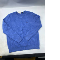 Women's blue button-up sweater.
