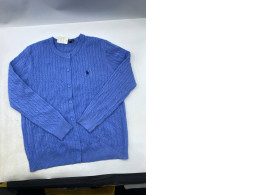 Women's blue button-up sweater.
