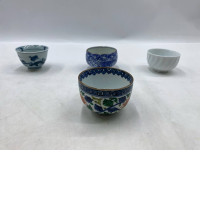 Set of 4 Japanese blue and white porcelain teacups, or Kiyomizu ware, from Kyoto, Japan.
