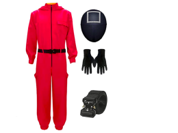 Set of 2 The red outfit is the game administrator uniform from Squid Games. Set of 2 The red outfit is the game administrator uniform from Squid Games.