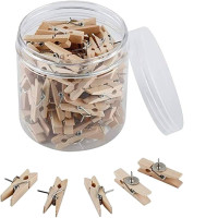 natural wooden push pins with clips, designed for holding items without causing damage to the material. 