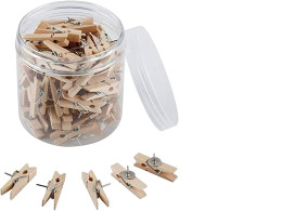 natural wooden push pins with clips, designed for holding items without causing damage to the material. 