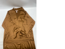 gold or honey-colored silk or satin kimono-style robe or gown. 