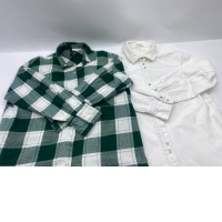 Set of 2 Men's long-sleeved button-down shirts; green and white checkered flannel shirts; white denim or twill shirts in Western style. 