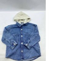 Zara hooded denim jacket in mid-blue with a cream hood. Zara hooded denim jacket in mid-blue with a cream hood.