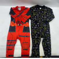 Set of 2 Black kids' outfit with yellow dinosaur print; red and black Deadpool jumpsuit.