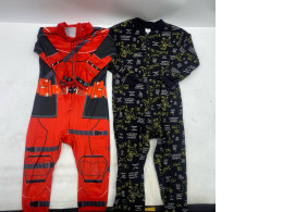 Set of 2 Black kids' outfit with yellow dinosaur print; red and black Deadpool jumpsuit.