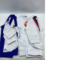 Set of 5 White and blue taekwondo uniform.