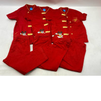 Set of 3 red, short-sleeve Chinese-style pajama sets featuring embroidered cartoon characters. 