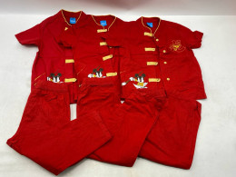 Set of 3 red, short-sleeve Chinese-style pajama sets featuring embroidered cartoon characters. 