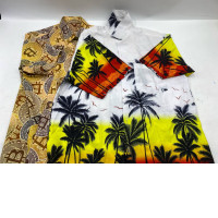 set of 2 Two men's short-sleeved button-down Hawaiian shirts, one with a tropical palm tree pattern.