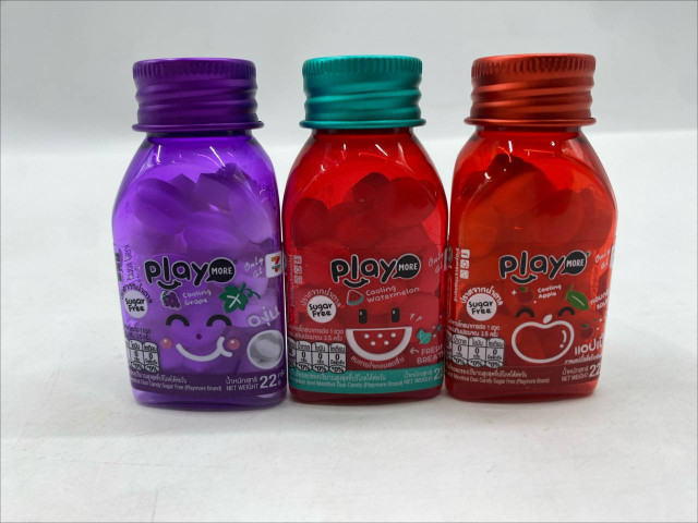 Set of 3 Playmore Sugar-Free Cooling Candies in Grape, Watermelon, and Apple flavors. Set of 3 Playmore Sugar-Free Cooling Candies in Grape, Watermelon, and Apple flavors.