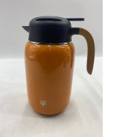 double-walled stainless steel thermal coffee carafe with a press button lid and a wooden handle. 