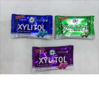 Set of 3 Lotte Xylitol Sugar-Free Chewing Gum. Flavors: Fresh Mint (Blue), Lemon Mint (Green), and Blueberry Mint (Purple).