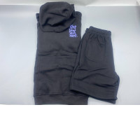 Women's black hooded sweatshirt and black thermal pants.