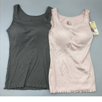 Set of 2 ribbed-knit tank tops with built-in bra cups, one in grey and one in dusty pink. Set of 2 ribbed-knit tank tops with built-in bra cups, one in grey and one in dusty pink.