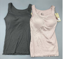 Set of 2  ribbed-knit tank tops with built-in bra cups, one in grey and one in dusty pink. 