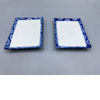 Set of 2  Yamashita Craft Fuchigiku Konori plates, which are diamond-shaped with a traditional underglaze blue and white chrysanthemum pattern. 