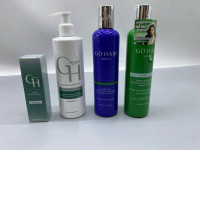 Set of 4 The green bottle is Go Hair Silky Seaweed Nutrients, the blue bottle is Go Hair Extra Milk Treatment Hair, and the white bottle is Go Hair Hair Rejuvenating Shampoo.  (Go Hair Hair Rejuvenating Serum)
