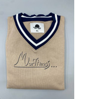  beige and navy blue v-neck sweater vest with "Morthings" embroidered on the front, in size XL. 
