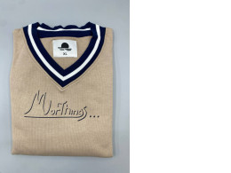  beige and navy blue v-neck sweater vest with "Morthings" embroidered on the front, in size XL. 