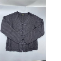 dark grey knitted cardigan features Chinese-style frog button closures and a textured pattern. dark grey knitted cardigan features Chinese-style frog button closures and a textured pattern.