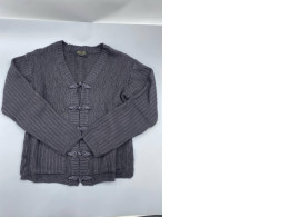 dark grey knitted cardigan features Chinese-style frog button closures and a textured pattern.