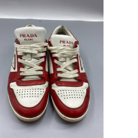 Prada Downtown Leather Sneakers in White and Red.