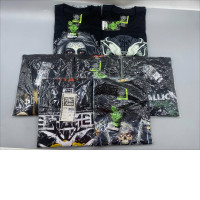 Set of 7 Black short-sleeved crew neck t-shirt with a pattern. Set of 7 Black short-sleeved crew neck t-shirt with a pattern.