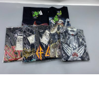 Set of 7 Black short-sleeved crew neck t-shirt with a pattern. Set of 7 Black short-sleeved crew neck t-shirt with a pattern.