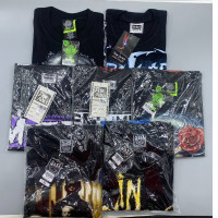 Set of 7 Black short-sleeved crew neck t-shirt with a pattern. 