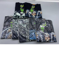 Set of 7 Black short-sleeved crew neck t-shirt with a pattern. Set of 7 Black short-sleeved crew neck t-shirt with a pattern.