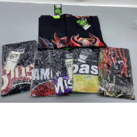 Set of 7 Black short-sleeved crew neck t-shirt with a pattern. Set of 7 Black short-sleeved crew neck t-shirt with a pattern.