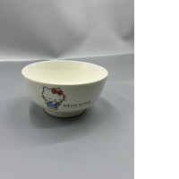 White glass salad bowl with Hello Kitty design.