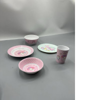 Set of 5 This Sanrio My Melody themed melamine tableware set includes bowls, plates, and cups featuring My Melody characters.